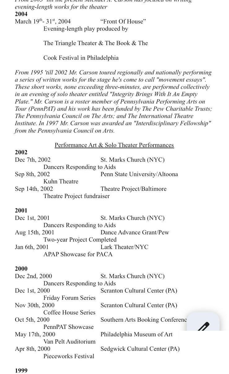 Michael A. Carson curriculum vitae page with biography note, Front Of House, and performance itinerary
