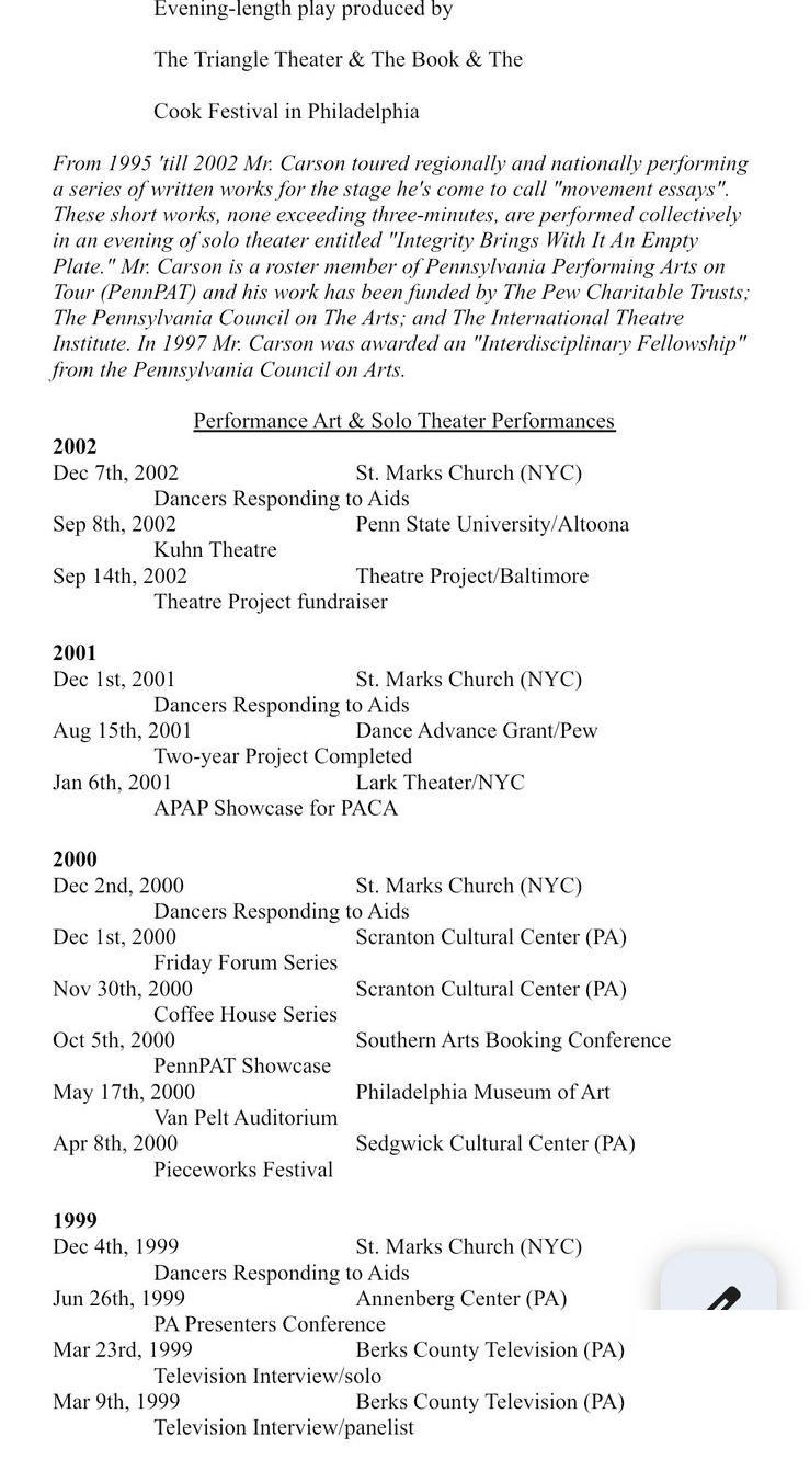 Michael A. Carson curriculum vitae performance itinerary for 1999 through 1995