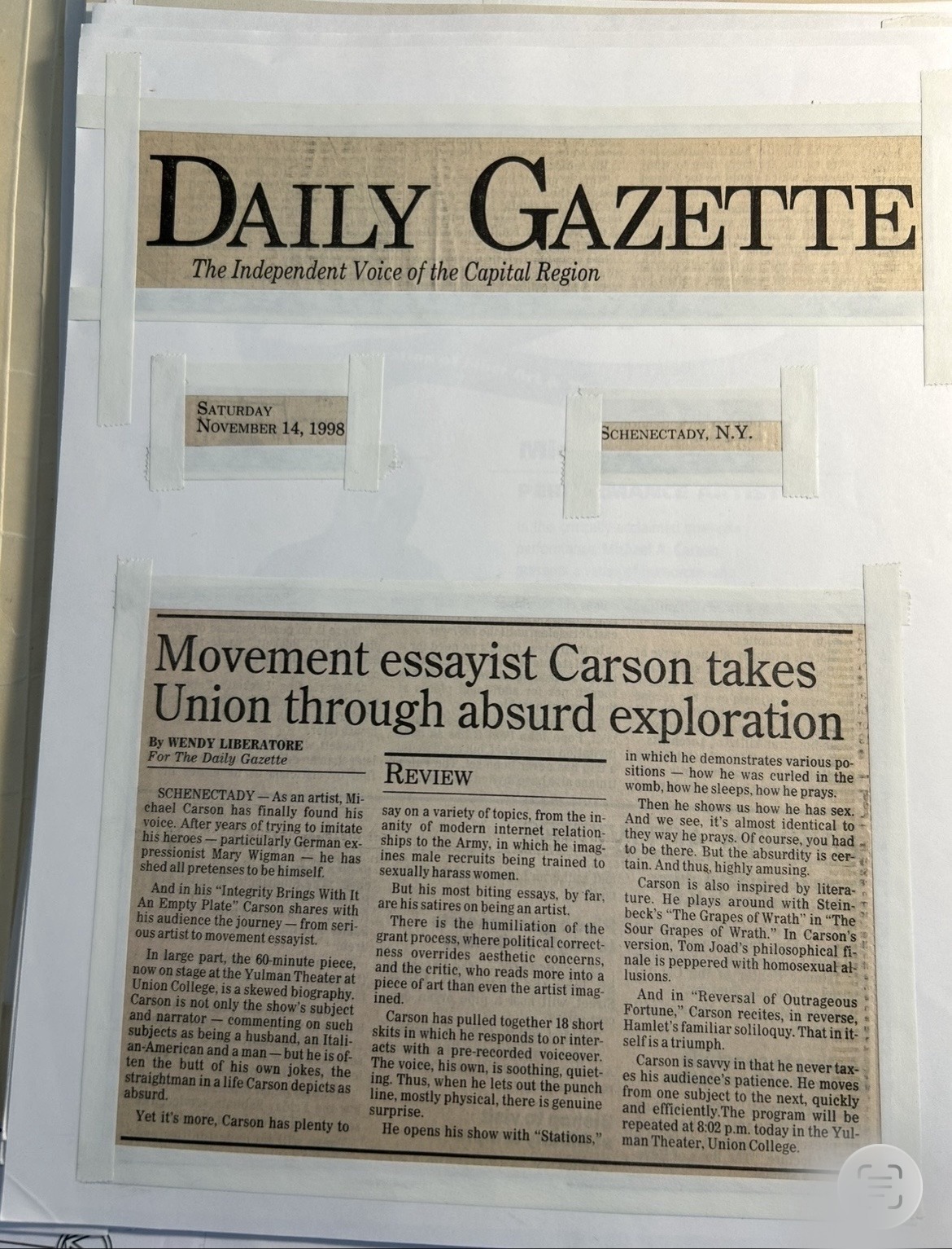 Daily Gazette review of Michael A. Carson at Union College, November 14, 1998