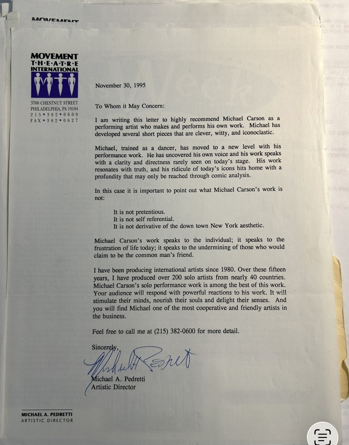 Letter of recommendation for Michael A. Carson from Michael A. Pedretti of Movement Theatre International, dated November 30, 1995
