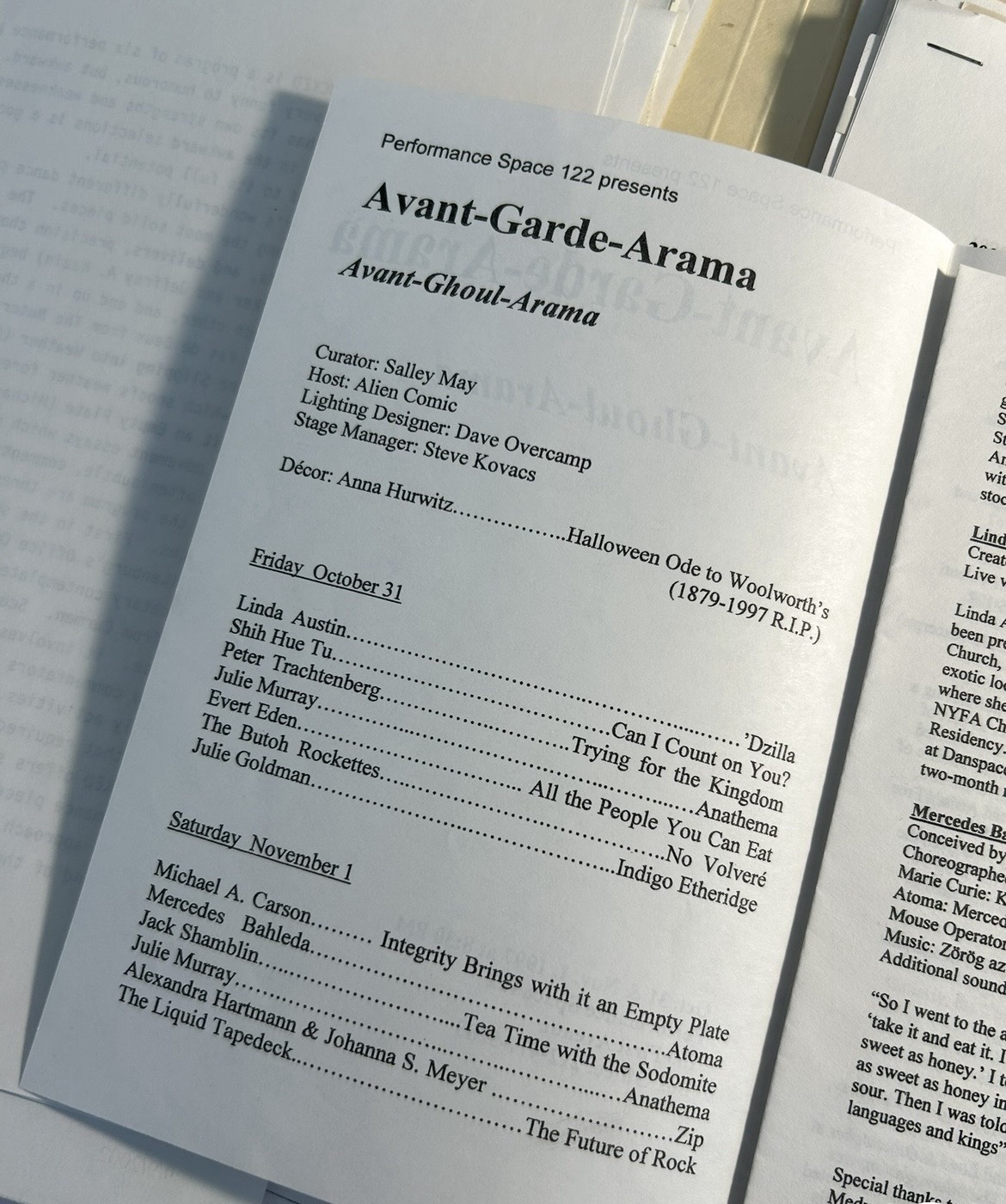 Performance Space 122 Avant-Garde-Arama program listing Michael A. Carson on November 1, 1997