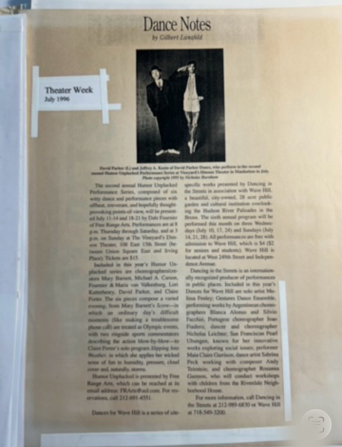 Theater Week Dance Notes page about the Humor Unplucked Performance Series, July 1996