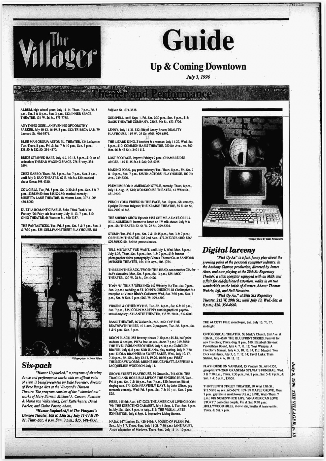 The Villager Guide page of July 3, 1996, with the Six-pack preview naming Michael A. Carson in Humor Unplucked